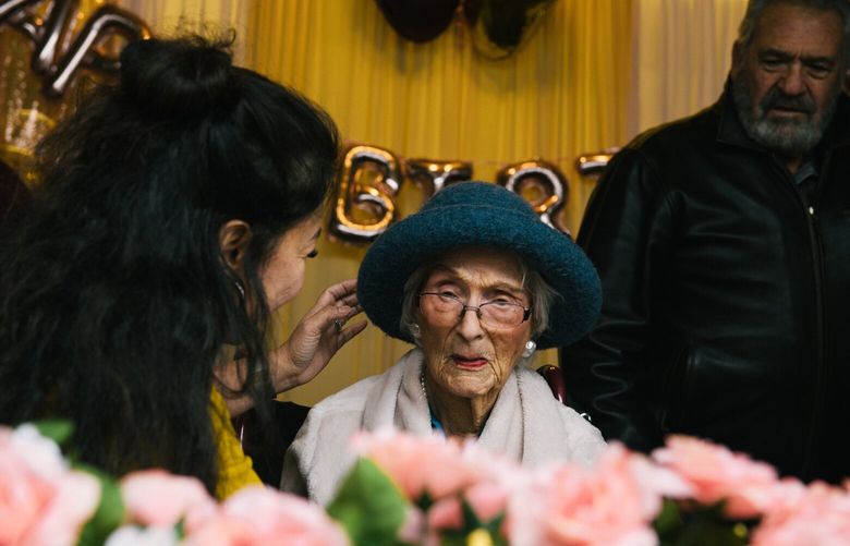 Edith Ceccarelli at her birthday celebration the day before her 116th birthday, at Holy Spirit Residential Care Home in Willits, Calif., Feb. 4, 2024. “I like the small town, you know more people, ” Ceccarelli told the local paper just before her 107th birthday party. “You go to a big city, you don’t know anybody.” (Alexandra Hootnick/The New York Times) XNYT0795 XNYT0795