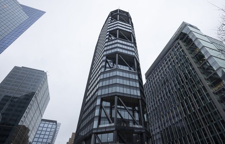 Many companies, including Microsoft, left office space in Bellevue and along the I-90 corridor.  This is The Eight, located at 10666 NE 8th St, Bellevue. It represents a positive example for Bellevue.  Shot Tuesday, February 6, 2024. 226089