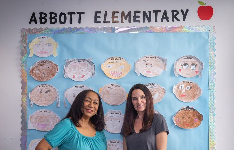 “Abbott Elementary” studio teacher Sandy McNeil, left, and lead studio teacher Kristin Minkler show off their classroom on the Warner Bros. studio lot in Burbank, California, on Jan. 26, 2024. (Allen J. Schaben/Los Angeles Times/TNS)