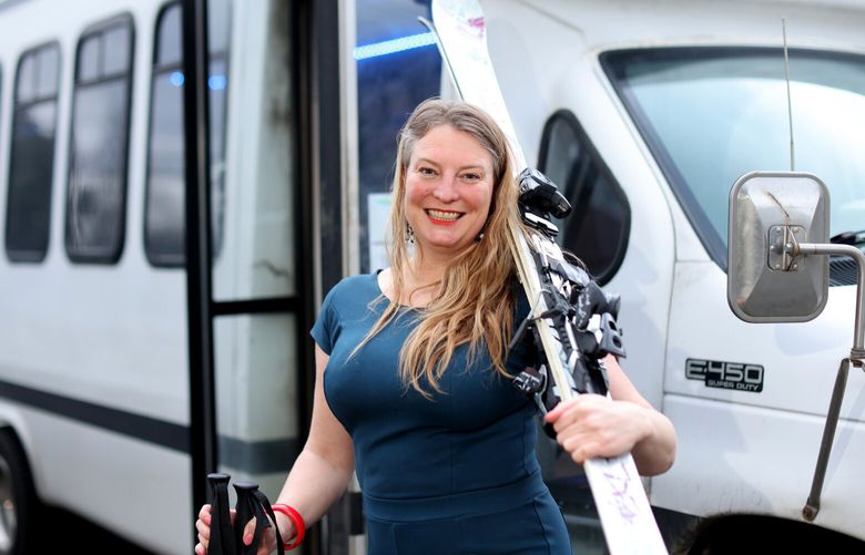 Meg White, founder of To the Mountain Shuttle, photographed on Capitol Hill in Seattle on Thursday, February 8, 2024. The 17-year Summit at Snoqualmie ski instructor launched the company to pay back the many rides she bummed to the mountain over the years.