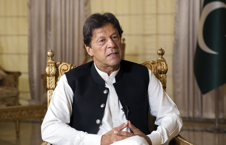 FILE — Former Prime Minister Imran Khan of Pakistan, who is currently imprisoned, speaks with foreign journalists at his residence in Islamabad, Pakistan, April 9, 2019. The success of candidates aligned with Khan’s party in last week’s election — snagging more seats than any other in Parliament — was a stunning upset in Pakistani politics. (Saiyna Bashir/The New York Times) XNYT0112 XNYT0112