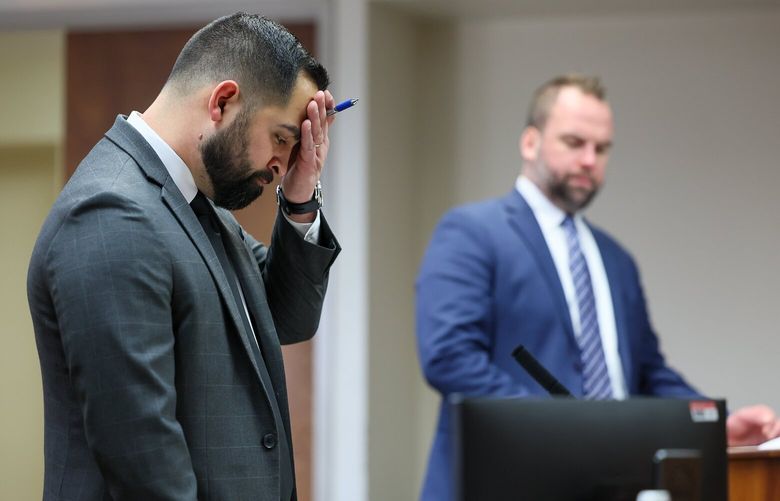Josh Cuevas, left, public defender, and Joseph Farhoult attend to court cases at the Franklin County District Court Wednesday afternoon in Pasco, Washington, on February 7, 2024. 226101