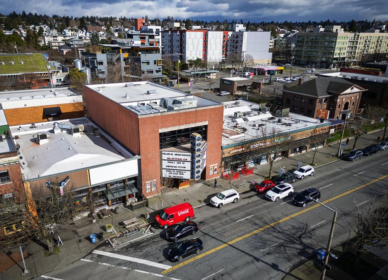 The Majestic Bay Theater in Ballard is seen from the air on Feb. 24. The Majestic Bay, owned by the Alhadeff family, was built in the 1990s on the site of what was believed to be the longest-running moviehouse west of the Mississippi. (Ken Lambert / The Seattle Times)