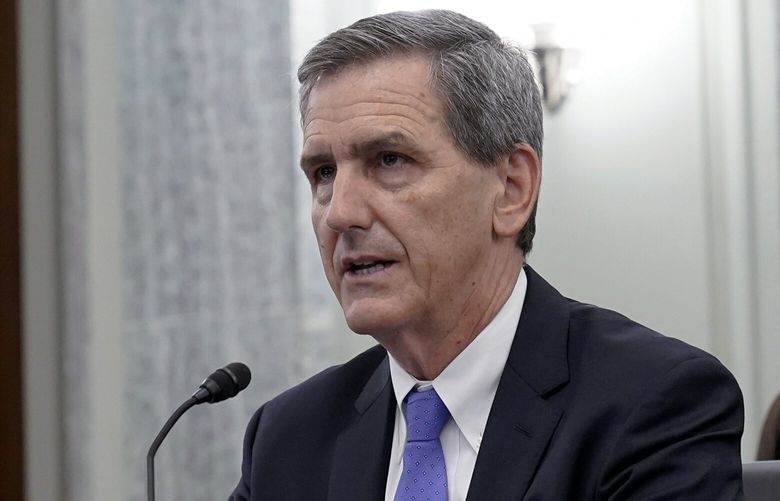 FILE – Michael Whitaker, of Vermont, testifies during his nomination to be administrator of the Federal Aviation Administration, Department of Transportation, Oct. 4, 2023, on Capitol Hill in Washington. The Senate voted 98-0 to approve Whitaker, President Joe Biden’s nominee to lead the Federal Aviation Administration, Tuesday, Oct. 24, ending a span of nearly 19 months in which the agency was without a Senate-confirmed chief. (AP Photo/Mariam Zuhaib, File)