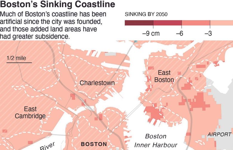 With Story: BC-GROUNDWATER-SEA-LEVEL-NYT — New satellite-based research reveals how land along the coast is slumping into the ocean, compounding the danger from global sea level rise. A major culprit: overpumping of groundwater. Map shows expected subsidence in greater Boston, at 4.5 x 6.0 — cat=a
