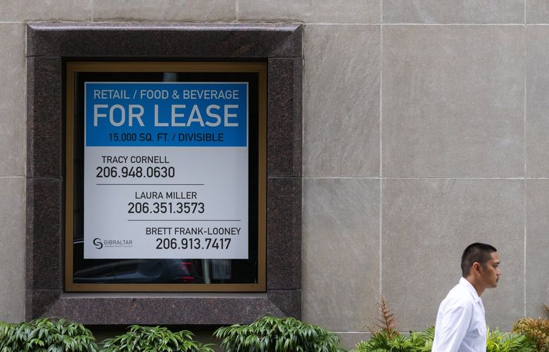 This office property 1015 Second Avenue in downtown Seattle has signage hoping to attract more tenants, Monday, July 10, 2023.