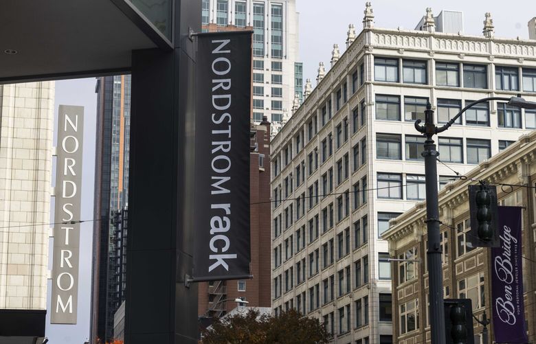 Nordstrom and Nordstrom Rack banners in downtown Seattle on Nov. 9, 2023
