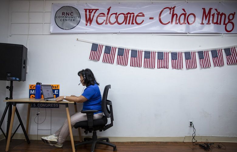 FILE — A volunteer calls potential voters at a Republican National Committee community center in Westminster, Calif., on Aug. 17, 2022. RNC shutting down community centers aimed at minority outreach; an overhaul of the party’s operations continues after Donald Trump’s allies take over. (Jenna Schoenefeld/The New York Times) XNYT0547 XNYT0547