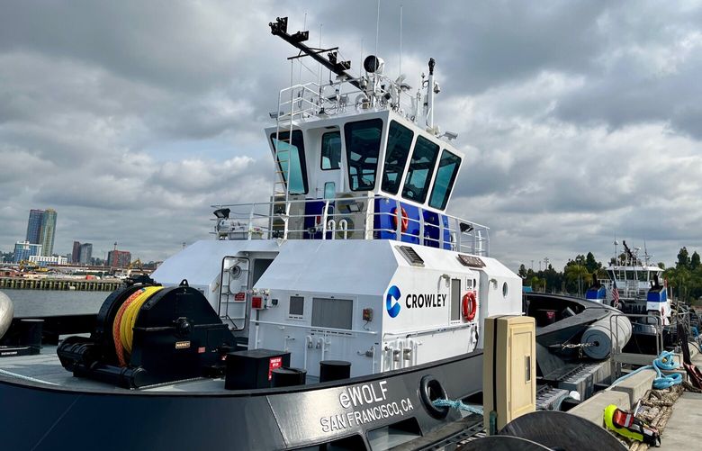 The 82-foot, all-electric eWolf tugboat sits dockside at the Port of San Diego, Calif. (Rob Nikolewski / The San Diego Union-Tribune / TNS)