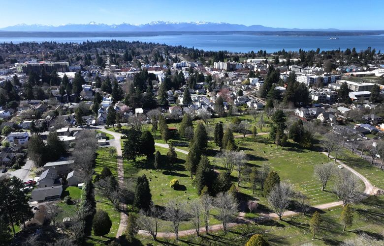 The Crown Hill Cemetery in a view looking west in Seattle on Saturday, March 16, 2024. The cemetery is listed for sale after a court order.
