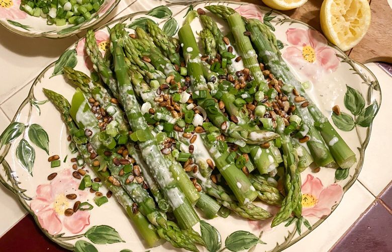 Make this recipe for Yakima Asparagus with Pine Nuts, Scallions and Chèvre Vinaigrette, from former Le Pichet/Café Presse chef/owner Jim Drohman. during Washington’s short but sweet asparagus season.