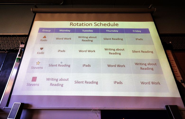 A schedule is posted in a second grade class taught by Gus Stevens at View Ridge Elementary. Students are grouped and rotate between activities. (Ken Lambert / The Seattle Times)