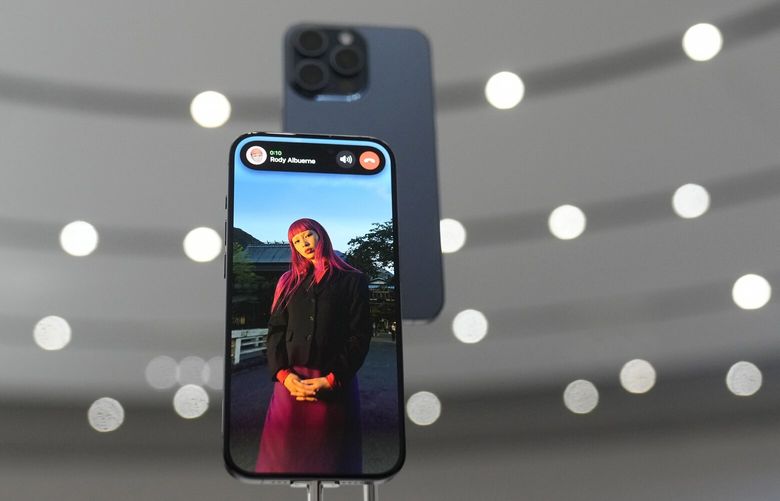 The iPhone 15 Pro phones are shown during an announcement of new products on the Apple campus in Cupertino, Calif., Sept. 12, 2023. (AP Photo/Jeff Chiu, File) 