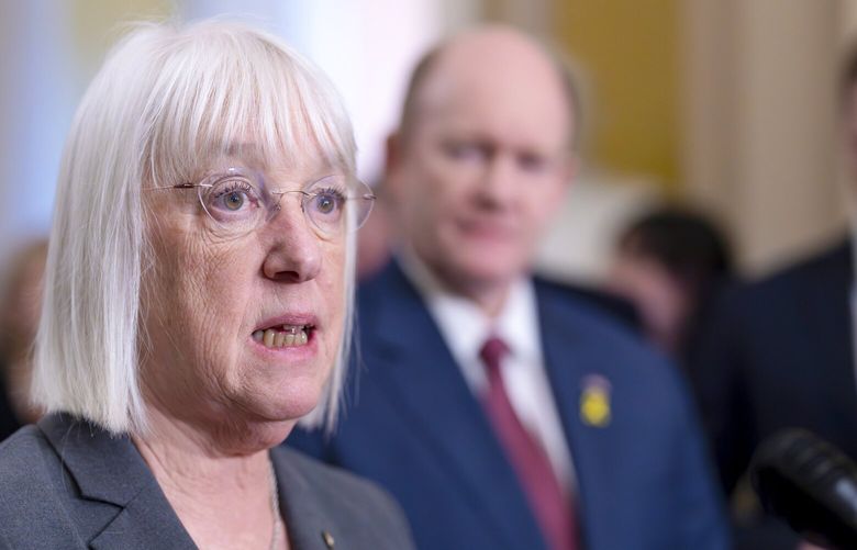Senate Appropriations Committee Chair Patty Murray, D-Wash., speaks to reporters at the Capitol in Washington, Tuesday, March 12, 2024. (AP Photo/J. Scott Applewhite) DCSA121