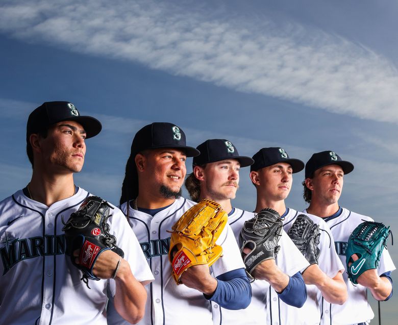 The Mariners’ 2024 starting pitchers, from left, Bryan Woo, Luis Castillo, Bryce Miller, George Kirby, and Logan Gilbert, photographed Friday, February 23, 2024 in Peoria, AZ. (Dean Rutz / The Seattle Times)