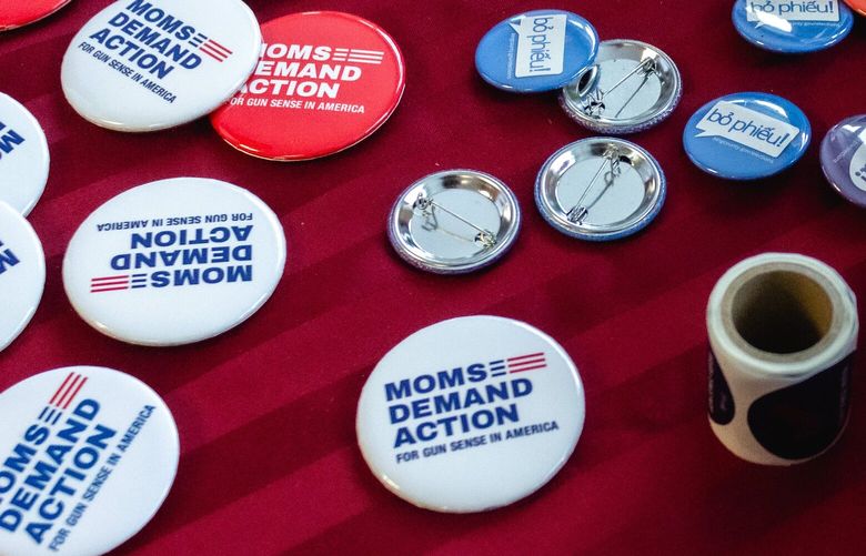 Buttons, bracelets, and stickers were given out to volunteers and members who attended the Moms Demand Action legislative lobby day on Thursday, Feb. 15 in Olympia.
