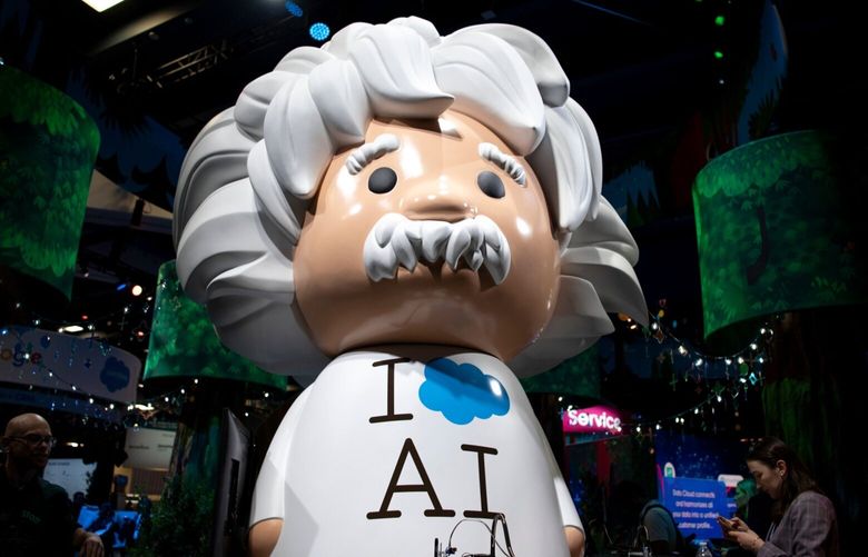 A Einstein artificial intelligence booth during the 2023 Dreamforce conference in San Francisco, California, US, on Tuesday, Sept. 12, 2023. CEO Marc Benioff said new product features, including those powered by artificial intelligence, will be demonstrated at the company’s annual conference in September. Photographer: Marlena Sloss/Bloomberg
