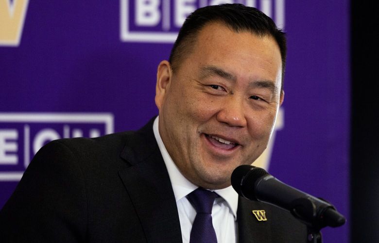 New University of Washington Athletic Director Pat Chun answers a reporter’s question during his introductory news conference, Thursday, March 28, 2024 in Seattle.