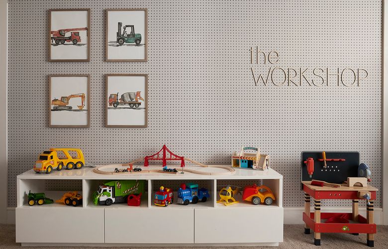 Consider grouping things that tell a story. Jessica Araujo, principal interior designer of Design Well Spent Company, did this with a children’s toy collection. (Courtesy of Design Well Spent Company)