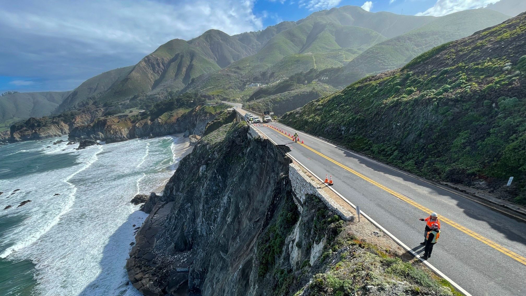 Crews escorting cars around damaged section of California's