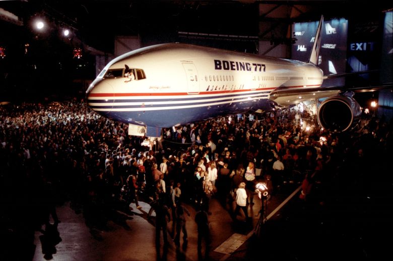 Boeing&#8217;s first 777 rolled out for viewing on April 9, 1994, in Everett, with a gala that included 10,000 invited guests. The 777 was Boeing&#8217;s last successful development of an all-new aircraft. (Greg Gilbert / The Seattle Times, 1994)