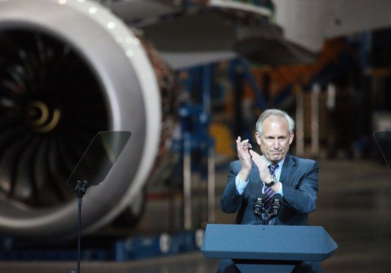 Boeing CEO Jim McNerney speaks during a visit by President Barack Obama to the Everett widebody jet plant in 2012. McNerney led Boeing for 10 years, during which he fought the unions and set up the company&#8217;s East Coast manufacturing facilities. (Ken Lambert / The Seattle Times, 2012)