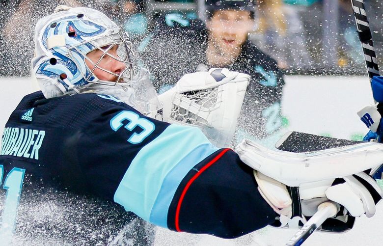 Ice flies around Seattle Kraken goaltender Philipp Grubauer during Game 4 of the Stanley Cup Playoffs last year in Seattle. 223665