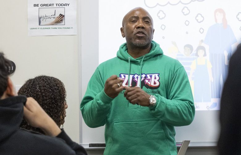 Terrell Dorsey speaks with students at Auburn High School about his experiences and the direction he hopes for in their lives, shot Thursday, March 28, 2024. He spoke about Rebecca Hedman, a 13-year-old runaway from Tacoma who was murdered in Spokane in 1993.  The â€œBecca Bill,â€ which is now a state law in Washington, requires all children between ages 8 and 18 to attend school regularly. Dorsey is the founder and main force behind an anti-truancy program called Unleash the Brilliance. He works with students at risk of serious absenteeism at Auburn High School. Much of his approach is motivational, rather than punitive. This is a major change in the way schools are trying to confront the national crisis of chronic absenteeism in public education post-Covid. 226527