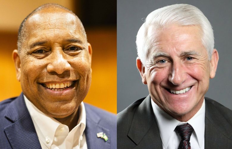 Semi Bird, a military veteran and former Richland school board member, left, and Dave Reichert, the former Congressman and King County Sheriff, are Republicans vying for governor. Bird and Reichert will gather at the Spokane Convention Center to decide which candidates to endorse for the 2024 election.