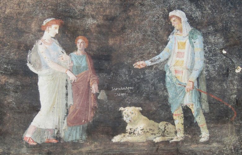In an undated image provided by Parco Archeologico di Pompei, from left, Helen of Troy, a handmaiden and Paris, along with a despondent-looking dog, discovered by archaeologists excavating Pompeii who uncovered a dining room with its walls painted black and decorated with people associated with the Trojan War. A frescoed dining room is the latest find in an excavation campaign to shore up an area of the site, which was destroyed by a powerful volcanic eruption, and better preserve it. (Parco Archeologico di Pompei via The New York Times) – NO SALES; FOR EDITORIAL USE ONLY WITH NYT STORY POMPEII DINING ROOM BY ELISABETTA POVOLEDO FOR APRIL 11, 2024. ALL OTHER USE PROHIBITED. – XNYT0518 XNYT0518