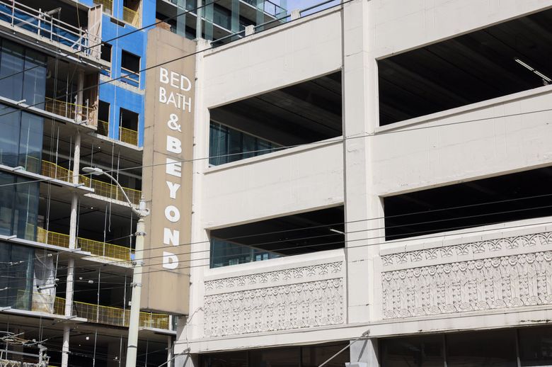 The exterior of the former Bed Bath & Beyond store in downtown Seattle, which organizers behind the annual Bumbershoot festival are planning to turn into an arts center called Cannonball Arts. (Ivy Ceballo / The Seattle Times)