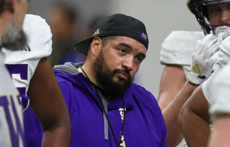 Jordan Paopao, UW tight ends coach, during spring practice Saturday morning in Seattle, Washington, on April 6, 2024. 226580