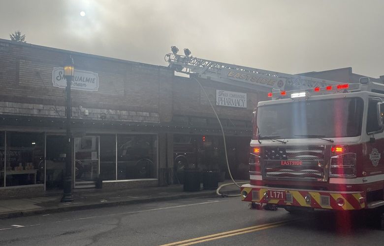 A fire destroyed a historic building in downtown Snoqualmie the morning of April 14, 2024, leaving the businesses inside in ruins. (Snoqualmie Fire Department)