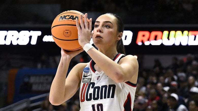 UConn guard Nika Muhl (10) in the second half of a first-round college basketball game in the NCAA Tournament, Saturday, March 23, 2024, in Storrs, Conn. (Jessica Hill / The Associated Press)