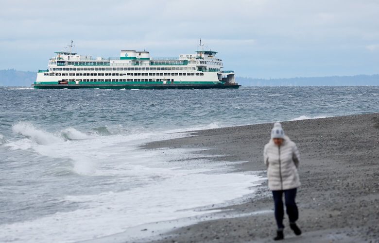 The MV Kaleetan comes in to land at the Edmonds ferry terminal as the wind whips up waves along the beach Sunday, March 3, 2024 in Edmonds, WA. 226313