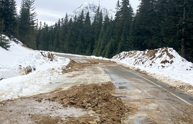 The snow has been cleared but the route is still closed, April 11, 2024 on SR 20, Washington Pass in the North Cascades. Avalanche control and clean up are scheduled prior to the 2024 spring opening. (Washington State Deptartment of Transportation)