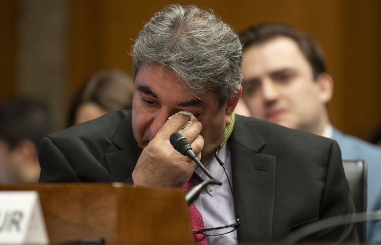 Boeing Quality Engineer Sam Salehpour wipes his eyes during a Senate Homeland Security and Governmental Affairs – Subcommittee on Investigations hearing to examine Boeing’s broken safety culture on Wednesday, April 17, 2024, in Washington. (AP Photo/Kevin Wolf) DCKW109 DCKW109