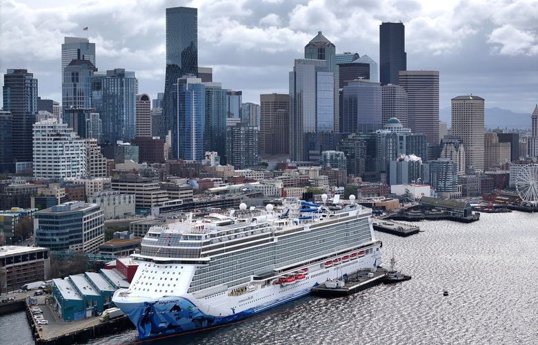The Norwegian Bliss, a cruise ship, photographed on opening day of the Seattle-Alaska cruise season at the Bell Street Cruise Terminal at Pier 66 in Seattle on Saturday, April 6, 2024.