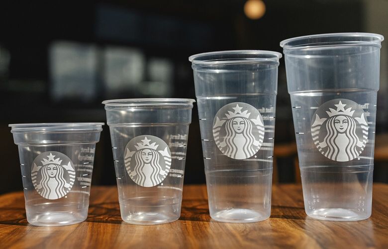 This photo provided by Starbucks shows a new version of the company’s cold cup which is said to be made with up to 20% less plastic. The introduction of the cups will be announced on Thursday, April 18, 2024. (Starbucks via AP) NYPM404 NYPM404