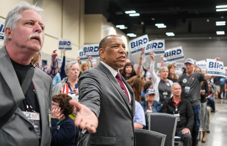 Republican candidate for governor Semi Bird and his supporters react to an attempt to deny him an endorsement at the Washington State Republican Party convention Friday, April 19, 2024 at the Spokane Convention Center. 226572