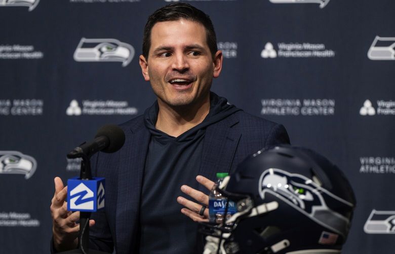 Seattle Seahawks new NFL football head coach Mike Macdonald speaks during an introductory press conference, Thursday, Feb. 1, 2024, in Renton, Wash. (AP Photo/Stephen Brashear)