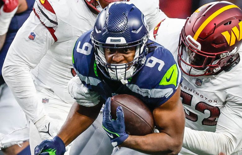 Kenneth Walker III had 63-yards rushing – but 64-yards on his touchdown catch in the second half.  The Washington Commanders played the Seattle Seahawks Sunday, Nov 12, 2023 at Lumen Field, in Seattle, WA. 225470
