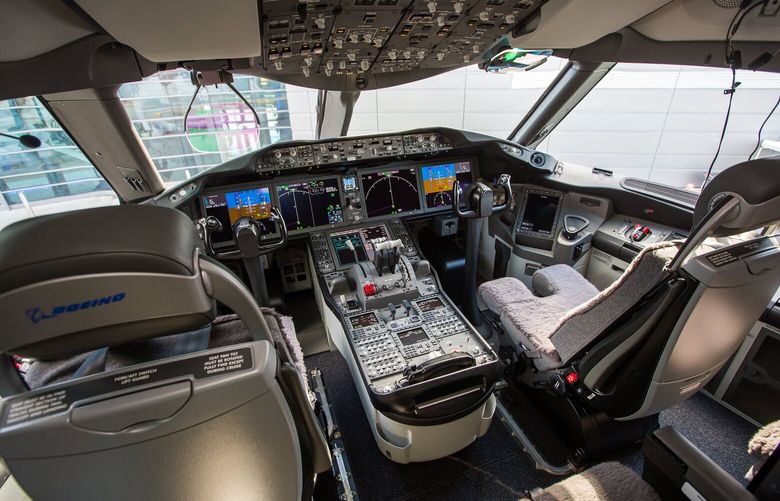 Cockpit of the 100th 787 Dreamliner made at Boeing South Carolina. The 100th 787 was made for American Airlines. Boeing had a ribbon cutting ceremony for the occasion Tuesday, Feb. 16, 2016 in North Charleston, S.C.  (Photo by Mic Smith)