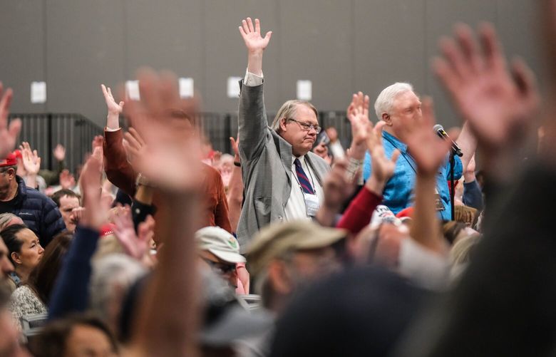 Delegates vote on procedural measures during Friday’s GOP state convention.  The Washington State Republican Party opened its convention Friday, April 19, 2024 at the Spokane Convention Center. 226572