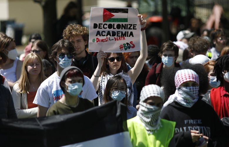 American University students on Tuesday staged a protest demanding the university divest from Israel, days after a student body passed a resolution calling for the school’s administration to do so. MUST CREDIT: Robb Hill for The Washington Post