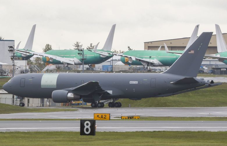 A United States Air Force tanker taxis back to a spot on a tarmac at Boeing’s Everett site on Wednesday, April 24, 2024.  226741 (Ivy Ceballo / The Seattle Times)