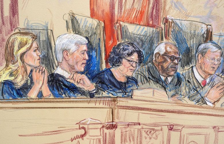 This artist sketch depicts, from left,  Associate Justice Amy Coney Barrett, Associate Justice Neil Gorsuch, Associate Justice Sonia Sotomayor, Associate Justice Clarence Thomas, and Chief Justice of the United States John Roberts at the Supreme Court during arguments over whether Donald Trump is immune from prosecution in a case charging him with plotting to overturn the results of the 2020 presidential election, on Capitol Hill in Washington, Thursday, April 25, 2024. (Dana Verkouteren via AP) dcdv106 dcdv106