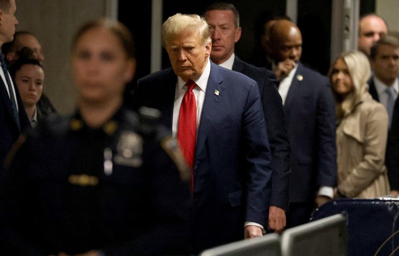 Former President Donald Trump during a break in his criminal trial, at Manhattan Criminal Court in Manhattan, on Thursday, April 25, 2024. Trump’s criminal trial featured vivid testimony on Thursday about a plot to protect his first presidential campaign and the beginnings of a tough cross-examination of the prosecution’s initial witness, David Pecker. (Jefferson Siegel/The New York Times) XNYT0184 XNYT0184