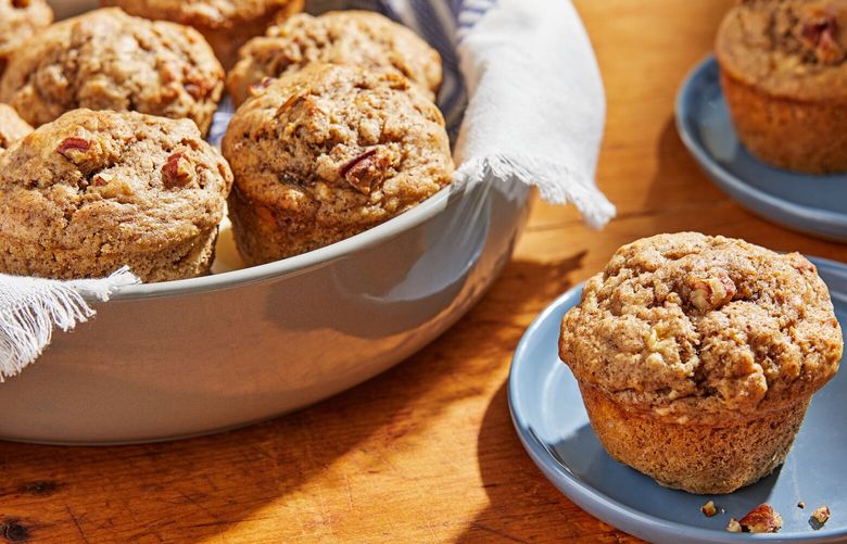 Banana pecan muffins. (MUST CREDIT: Tom McCorkle for The Washington Post; food styling by Gina Nistico for The Washington Post)