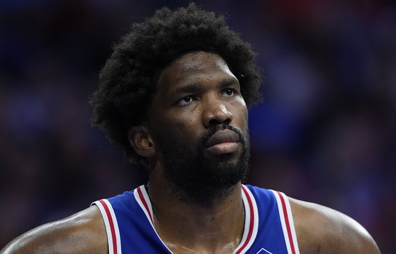 Philadelphia 76ers’ Joel Embiid plays during Game 3 in an NBA basketball first-round playoff series, Thursday, April 25, 2024, in Philadelphia. (AP Photo/Matt Slocum) OTKMS130 OTKMS130